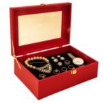 Luxury Storage Box with Glass Lid, Decorative Organiser Box for Jewellery and Accessories, Available in Red, Black, White (Red)